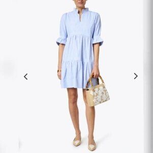 Gretchen Scott Blue White Pleated Tiered Dress w Ruffled Neckline & Cuffs Large